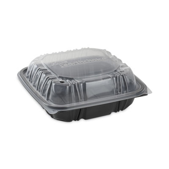 Earthchoice Vented Dual Color Microwavable Hinged Lid Container, 38 Oz, 8.5 x 8.5 x 3, Black/Clear, Plastic, 150/Carton