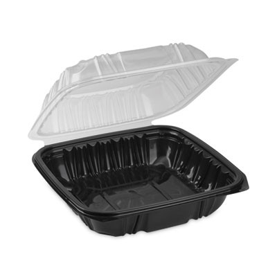 Earthchoice Vented Dual Color Microwavable Hinged Lid Container, 38 Oz, 8.5 x 8.6 x 3.1, Black/Clear, Plastic, 150/Carton