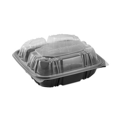 Earthchoice Vented Dual Color Microwavable Hinged Lid Container, 3 Compartment Base/Lid, 33 Oz, Black/Clear, Plastic, 150/Ct