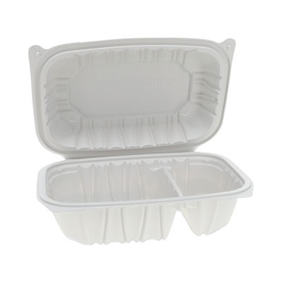 Earthchoice Vented Microwavable Mfpp Hinged Lid Container, 2 Compartments, 9 x 6 x 3.1, White, Plastic, 170/Carton