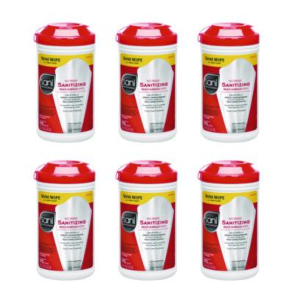 No-Rinse Sanitizing Multi-Surface Wipes, Unscented, White, 175/Container, 6/Carton