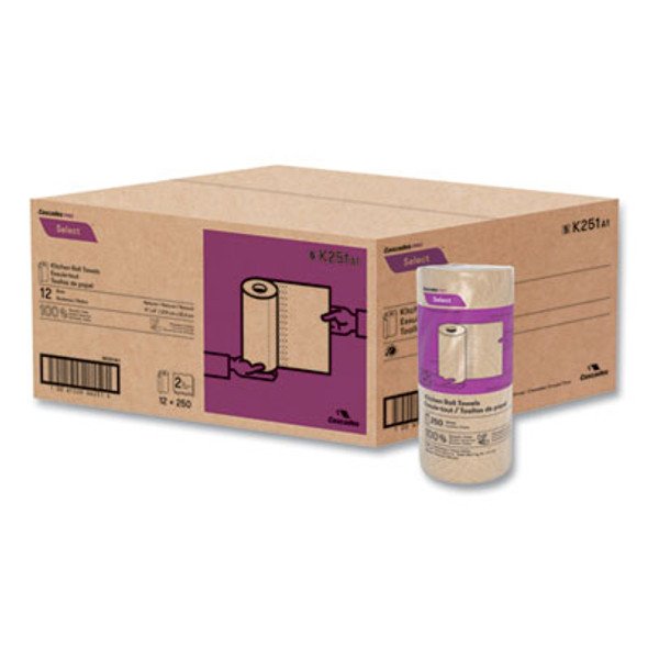 Select Kitchen Roll Towels, 2-Ply, 11" X 166.6 Ft, Natural, 250/Roll, 12/Carton