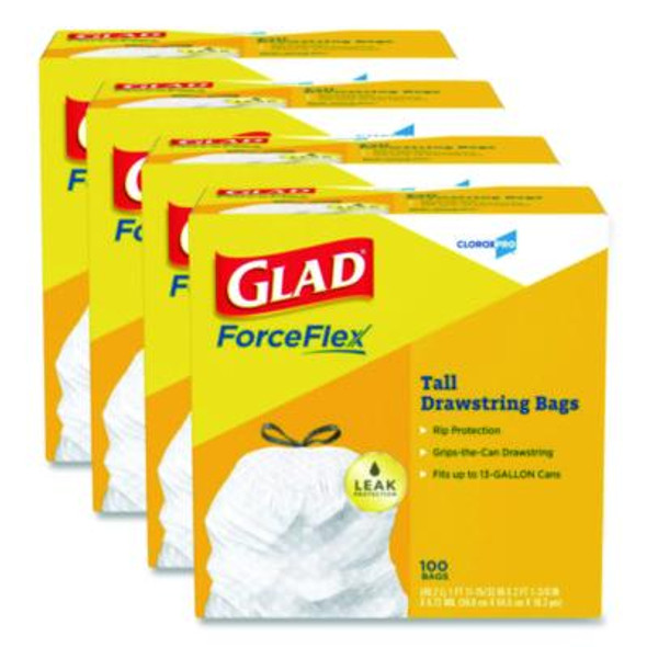 Cloroxpro Forceflex Tall Kitchen Drawstring Trash Bags, 13 Gal, 24 x 27.38, Gray, 100 Bags/Box, 4 Boxes/Carton