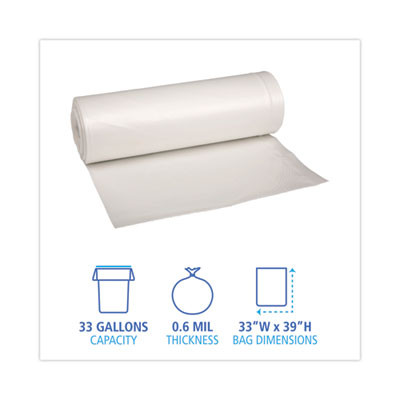 Low-Density Waste Can Liners, 33 Gal, 0.6 Mil, 33" x 39", White, Perforated Roll, 25 Bags/Roll, 6 Rolls/Carton