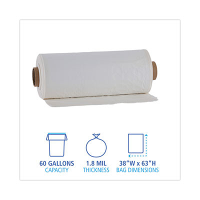 Industrial Can Liner Rolls, 60 Gal, 1.8 Mil, 21" x 17" x 63", Clear, 75/Carton