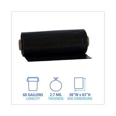 Industrial Can Liner Rolls, 60 Gal, 2.7 Mil, 21" x 17" x 63", Black, 50/Carton