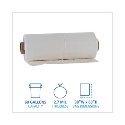 Industrial Can Liner Rolls, 60 Gal, 2.7 Mil, 21" x 17" x 63", Clear, 50/Carton