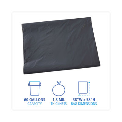 Linear Low Density Industrial Can Liners, 60 Gal, 1.3 Mil, 38" x 58", Gray, Flat Pack, 100/Carton