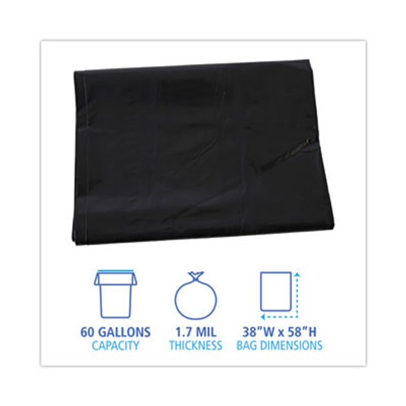 Linear Low Density Industrial Can Liners, 60 Gal, 1.7 Mil, 38" x 58", Black, Flat Pack, 100/Carton