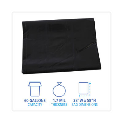 Linear Low Density Industrial Can Liners, 60 Gal, 1.7 Mil, 38" x 58", Black, Flat Pack, 100/Carton
