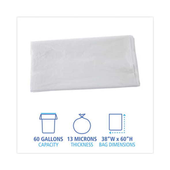 High Density Industrial Can Liners Flat Pack, 60 Gal, 13 Mic, 38" x 60", Natural, Flat Pack, 200/Carton