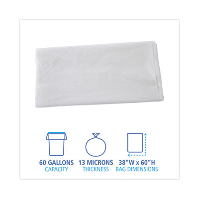 High Density Industrial Can Liners Flat Pack, 60 Gal, 13 Mic, 38" x 60", Natural, Flat Pack, 200/Carton