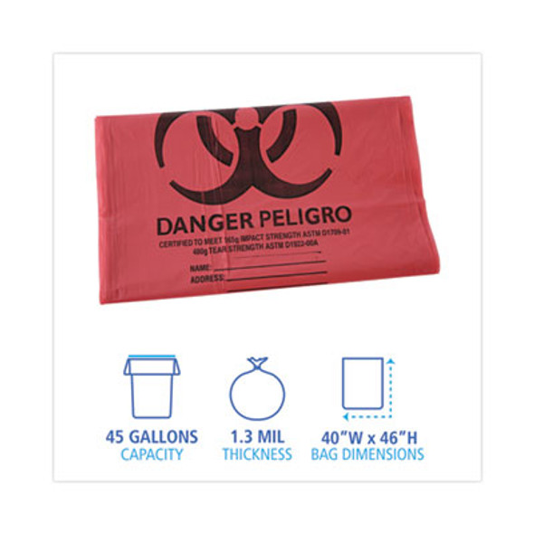 Linear Low Density Health Care Trash Can Liners, 45 Gal, 1.3 Mil, 40" x 46", Red, Flat Pack, 100/Carton