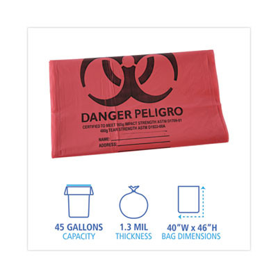 Linear Low Density Health Care Trash Can Liners, 45 Gal, 1.3 Mil, 40" x 46", Red, Flat Pack, 100/Carton