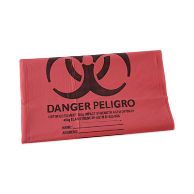 Linear Low Density Health Care Trash Can Liners, 45 Gal, 1.3 Mil, 40" x 46", Red, Flat Pack, 100/Carton
