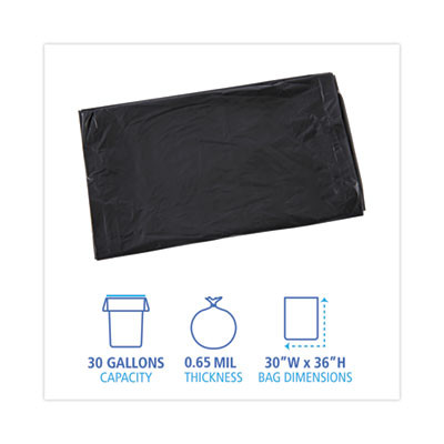 Linear Low Density Industrial Can Liners, 30 Gal, 0.65 Mil, 30" x 36", Black, Flat Pack, 200/Carton