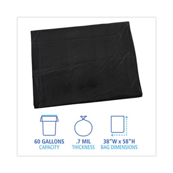 Linear Low Density Industrial Can Liners, 60 Gal, 0.7 Mil, 38" x 58", Black, Flat Pack, 100/Carton