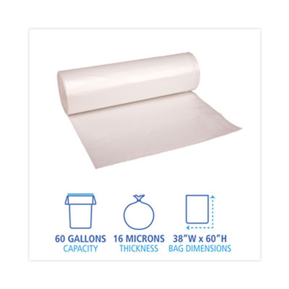 High Density Industrial Can Liners Coreless Rolls, 60 Gal, 16 Mic, 38" x 60", Natural, Perforated, 25 Bags/Roll, 8 Rolls/Ct