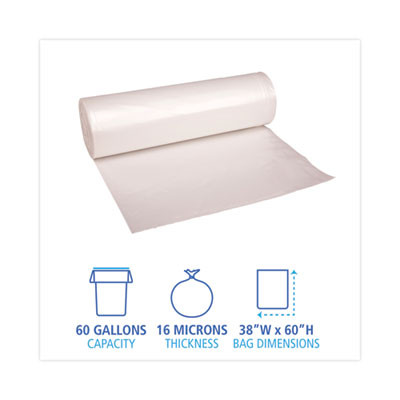 High Density Industrial Can Liners Coreless Rolls, 60 Gal, 16 Mic, 38" x 60", Natural, Perforated, 25 Bags/Roll, 8 Rolls/Ct