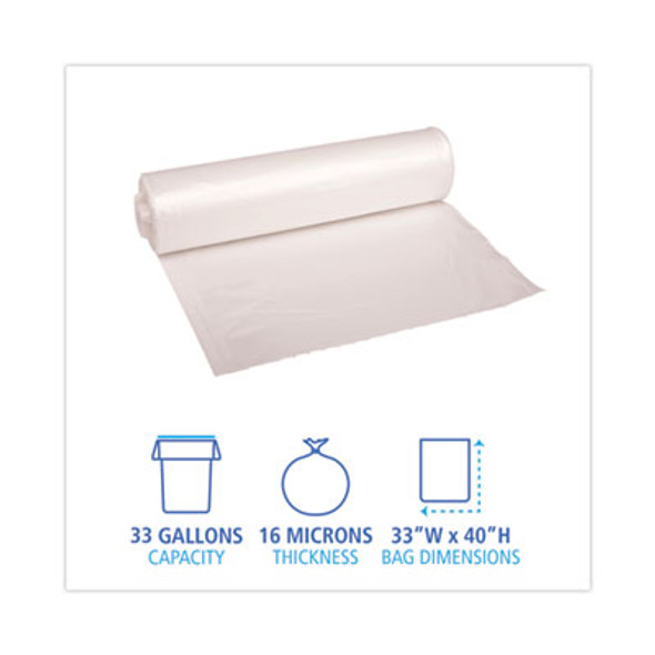 High Density Industrial Can Liners Coreless Rolls, 33 Gal, 16 Mic, 33" x 40", Natural, Perforated, 25 Bags/Roll, 10 Rolls/Ct