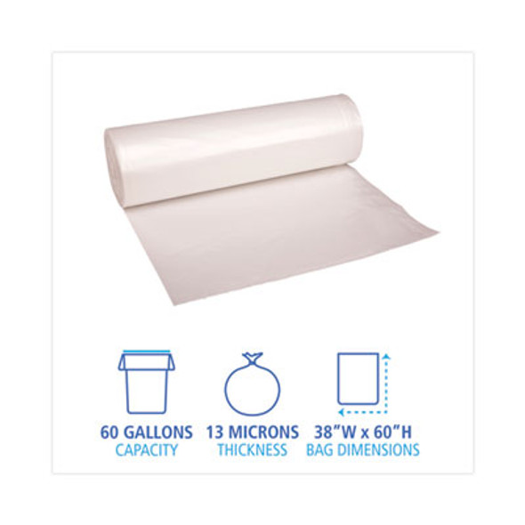 High Density Industrial Can Liners Coreless Rolls, 60 Gal, 13 Mic, 38" x 60", Natural, Perforated, 25 Bags/Roll, 8 Rolls/Ct