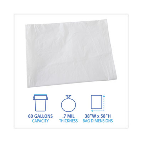 Linear Low Density Industrial Can Liners, 60 Gal, 0.7 Mil, 38" x 58", White, Flat Pack, 100/Carton