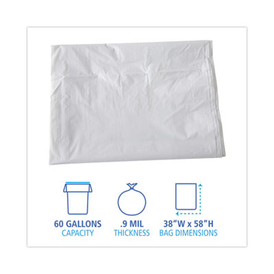 Linear Low Density Industrial Can Liners, 60 Gal, 0.9 Mil, 38" x 58", White, Flat Pack, 100/Carton