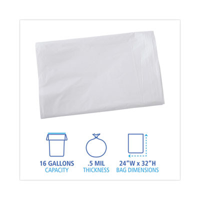 Linear Low Density Industrial Can Liners, 16 Gal, 0.5 Mil, 24" x 32", White, Flat Pack, 500/Carton