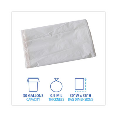 Linear Low Density Industrial Can Liners, 30 Gal, 0.9 Mil, 30" x 36", White, Flat Pack, 100/Carton