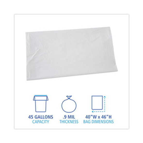 Linear Low Density Industrial Can Liners, 45 Gal, 0.9 Mil, 40" x 46", White, Flat Pack, 100/Carton