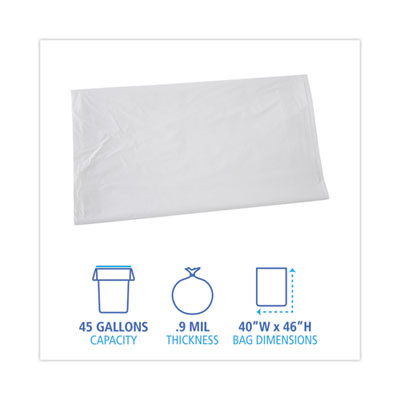 Linear Low Density Industrial Can Liners, 45 Gal, 0.9 Mil, 40" x 46", White, Flat Pack, 100/Carton
