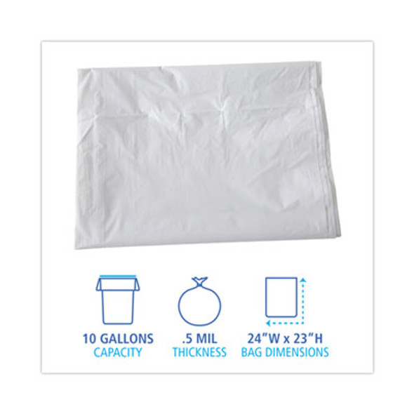 Linear Low Density Industrial Can Liners, 10 Gal, 0.5 Mil, 24" x 23", White, Flat Pack, 500/Carton