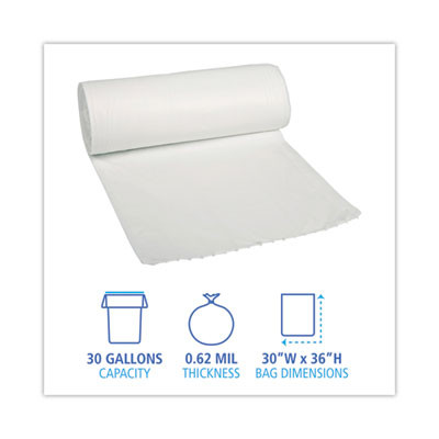 Low-Density Waste Can Liners, 30 Gal, 0.5 Mil, 30" x 36", White, Perforated Roll, 10 Bags/Roll, 20 Rolls/Carton