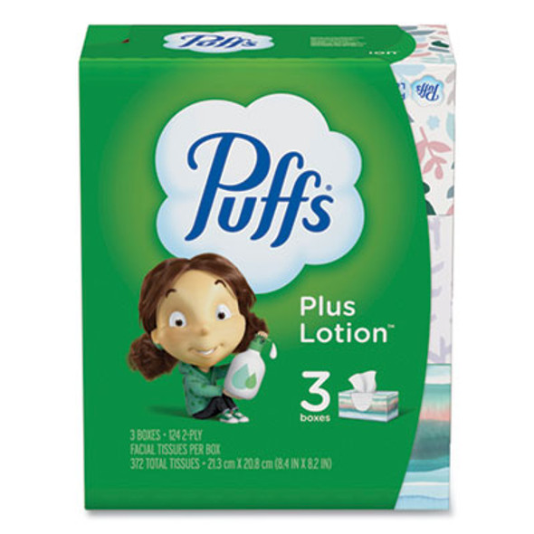 Plus Lotion Facial Tissue, 2-Ply, White, 124 Sheets/Box, 3 Box/Pack, 8 Packs/Carton
