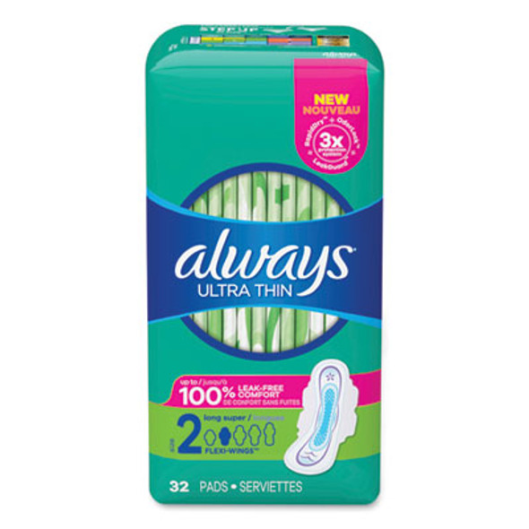 Ultra Thin Pads With Wings, Size 2, Long, Super Absorbent, 32/Pack, 3 Packs/Carton