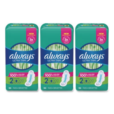 Ultra Thin Pads With Wings, Size 2, Long, Super Absorbent, 32/Pack, 3 Packs/Carton