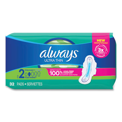Ultra Thin Pads With Wings, Size 2, Long, Super Absorbent, 32/Pack, 3 Packs/Carton