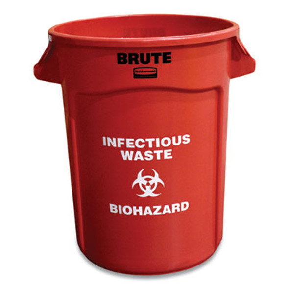 Vented Round Brute Container, "Infectious Waste: Biohazard" Imprint, 32 Gal, Plastic, Red