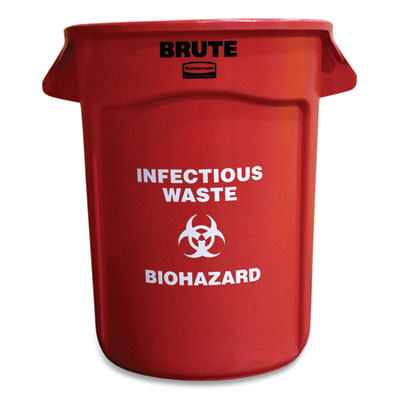 Vented Round Brute Container, "Infectious Waste: Biohazard" Imprint, 32 Gal, Plastic, Red