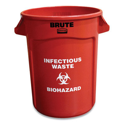Vented Round Brute Container, "Infectious Waste: Biohazard" Imprint, 32 Gal, Plastic, Red