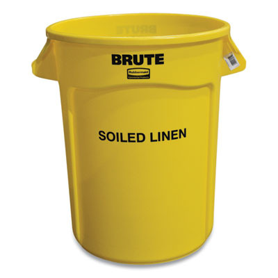 Vented Round Brute Container, "Soiled Linen" Imprint, 32 Gal, Plastic, Yellow