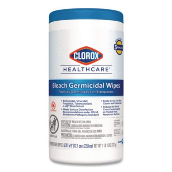 Bleach Germicidal Wipes, 1-Ply, 6.75 x 9, Unscented, White, 70/Canister