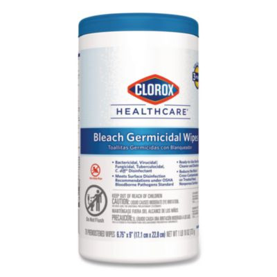 Bleach Germicidal Wipes, 1-Ply, 6.75 x 9, Unscented, White, 70/Canister