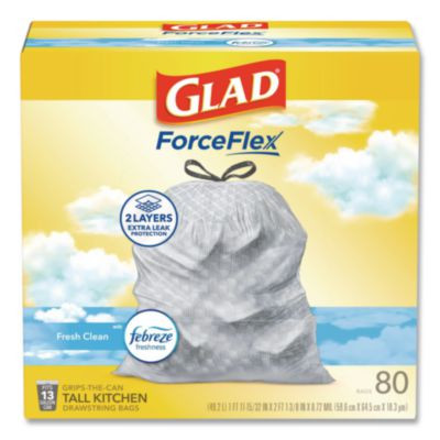 Forceflex Kitchen Drawstring Trash Bags, 13 Gal, Gain Fresh Clean Scent, 24 x 27.38, White, 80/Box