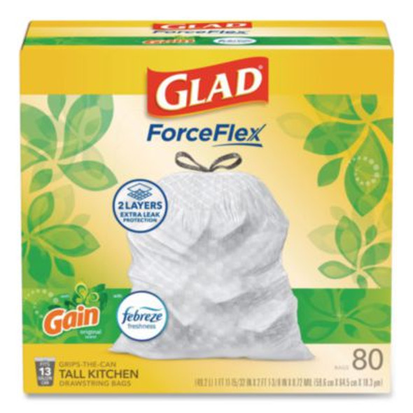 Forceflex Kitchen Drawstring Trash Bags, 13 Gal, Gain Original Scent, 24 x 27.38, White, 80/Box