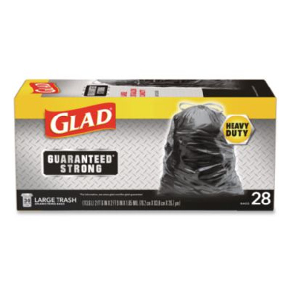 Guaranteed Strong Large Drawstring Trash Bags, Three-Ply, 30 Gal, 1.05 Mil, 30 x 33, Black, 28 Bags/Box, 6 Boxes/Carton