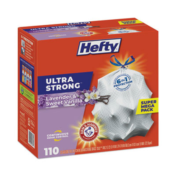 Ultra Strong Scented Tall Kitchen Bags, Drawstring, 13 Gal, Lavender/Vanilla, 23.75" x 24.88", White, 110/Box, 3 Boxes/Carton