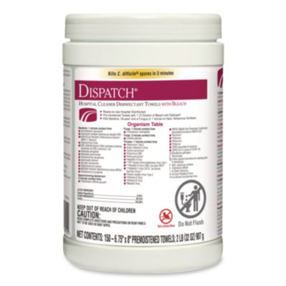 Dispatch Hospital Cleaner Disinfectant Towels With Bleach, 1-Ply, 6.75 x 8, Unscented, White, 150/Canister