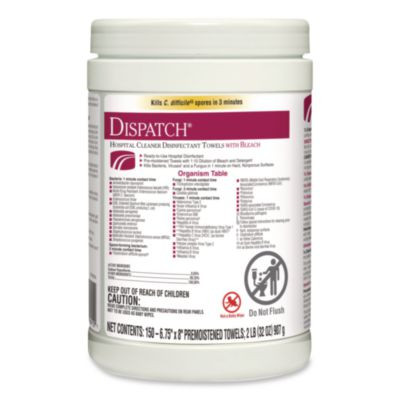 Dispatch Hospital Cleaner Disinfectant Towels With Bleach, 1-Ply, 6.75 x 8, Unscented, White, 150/Canister