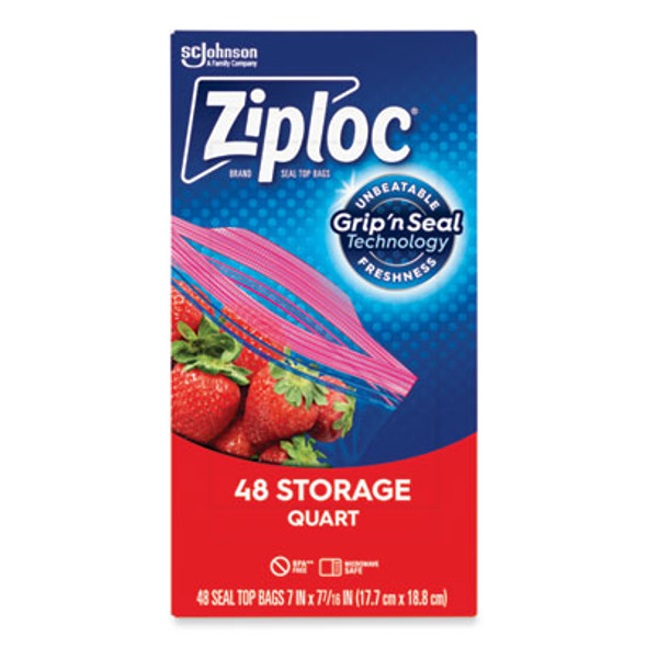 Double Zipper Storage Bags, Triple System Seal, Quart, 9.63" x 8.5", Clear, 48/Box